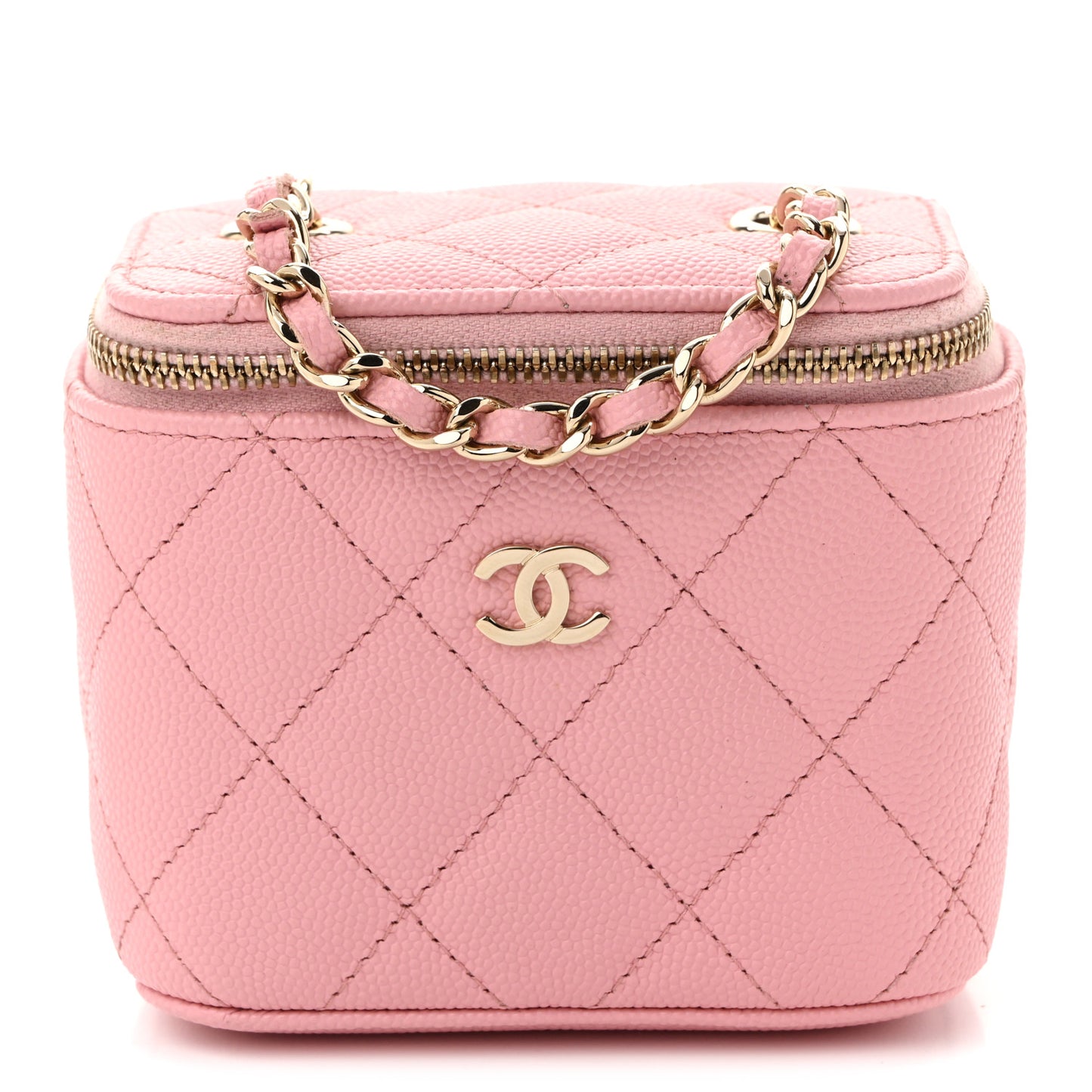 Caviar Quilted Mini Vanity Case With Chain Pink