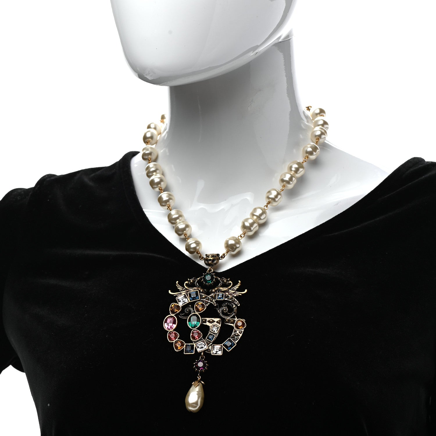 Gucci Crystal Pearl Marmont Dragon Necklace Aged Gold Multicolor 2 of 7