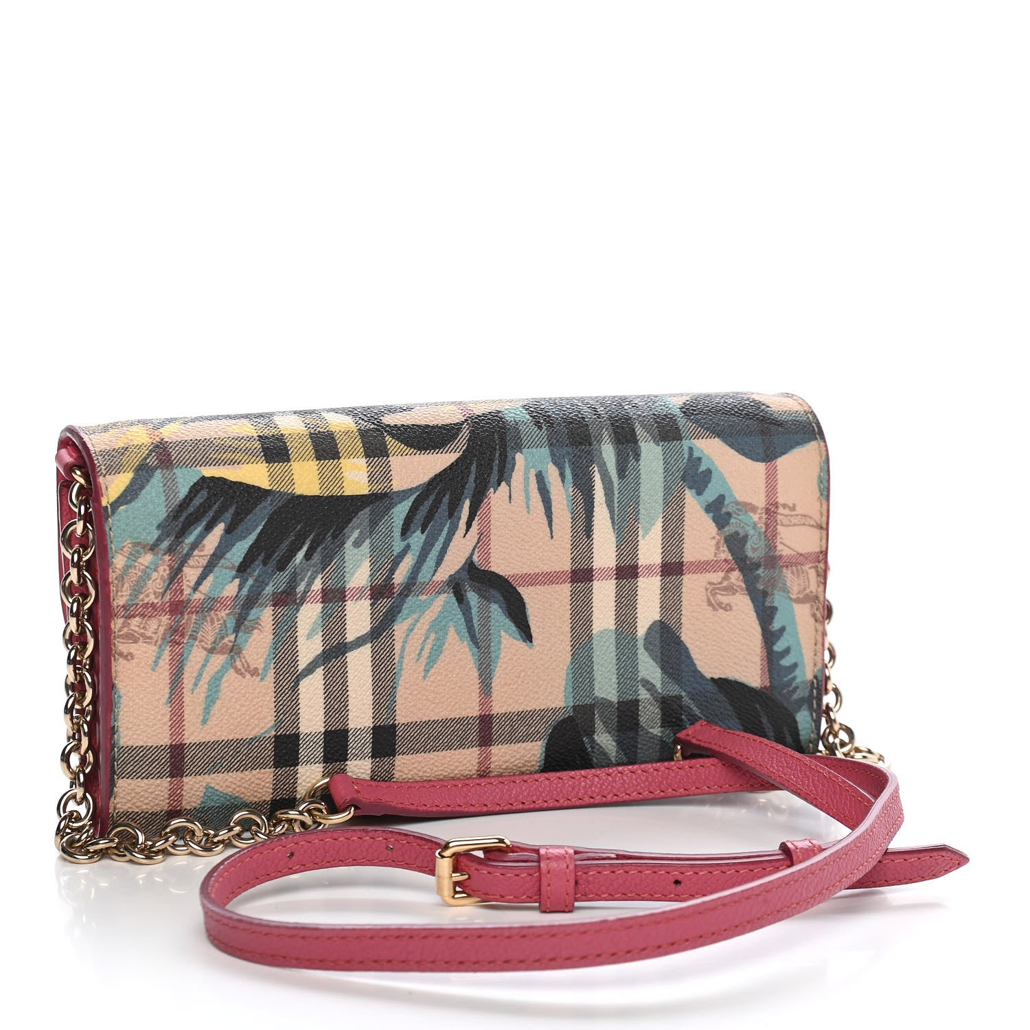 Burberry Haymarket Check Floral Print Henley Wallet On Chain Plum Pink Pewter Blue 2 of 7