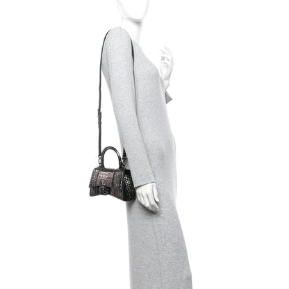 Balenciaga Metallic Shiny Calfskin Crocodile Embossed Hourglass Top Handle Bag XS Gunmetal 2 of 9