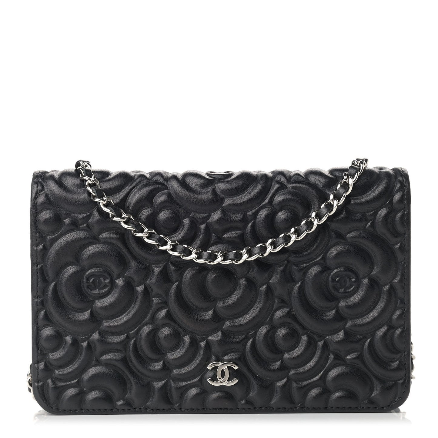 Lambskin Camellia Embossed Wallet on Chain WOC Black