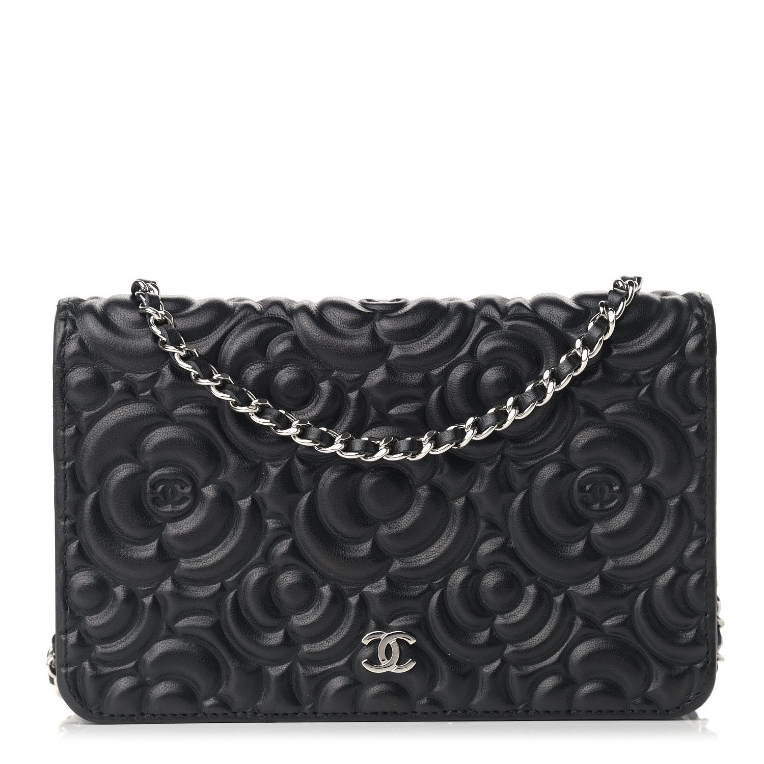 Chanel Lambskin Camellia Embossed Wallet on Chain WOC Black 1 of 11