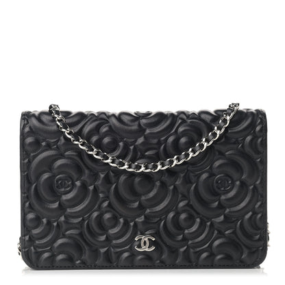 Chanel Lambskin Camellia Embossed Wallet on Chain WOC Black 1 of 11