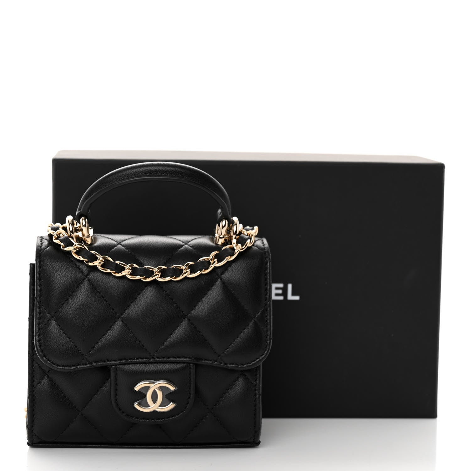 Chanel Lambskin Quilted Top Handle Flap Clutch With Chain Black 12 of 12