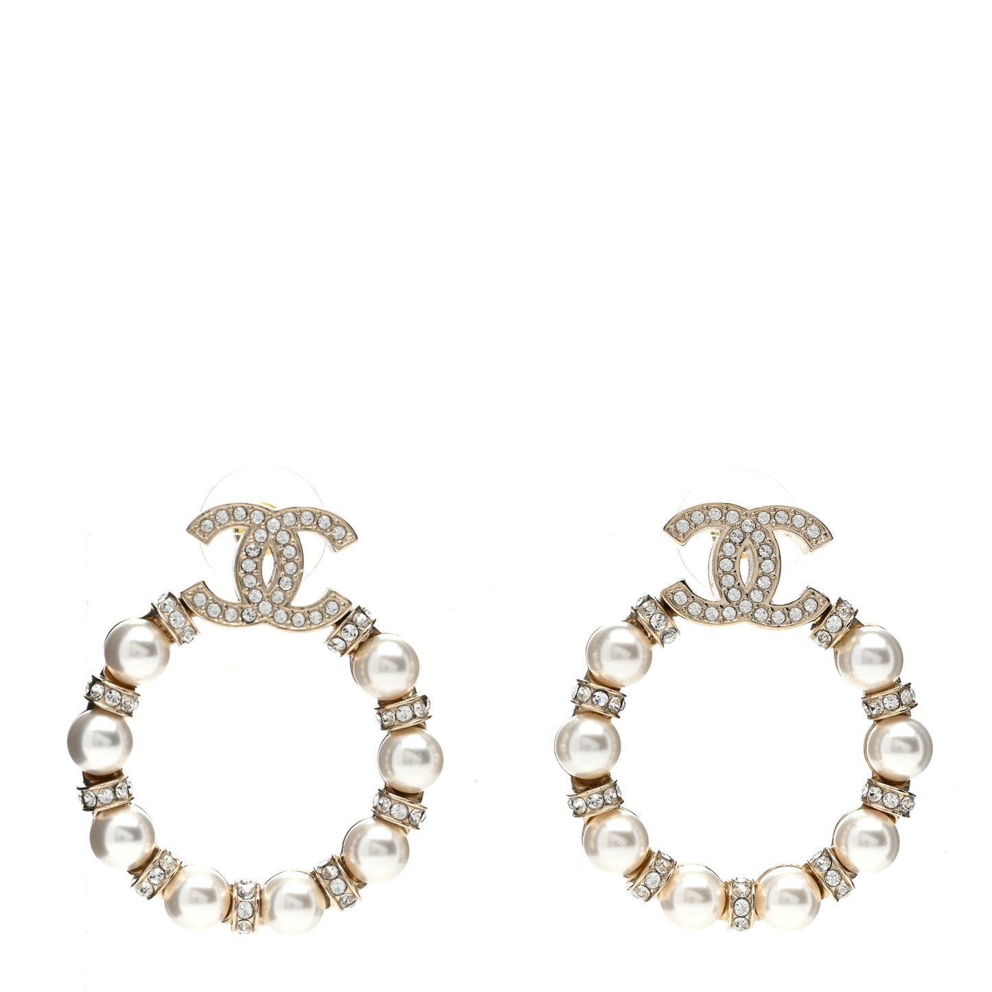 Crystal Pearl CC Door Knocker Hoop Earrings Gold Pearly White