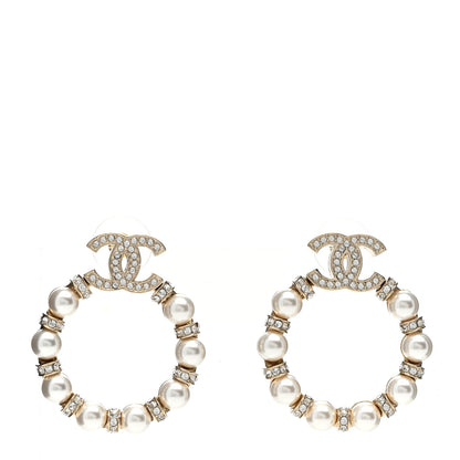 Chanel Crystal Pearl CC Door Knocker Hoop Earrings Gold Pearly White 1 of 6