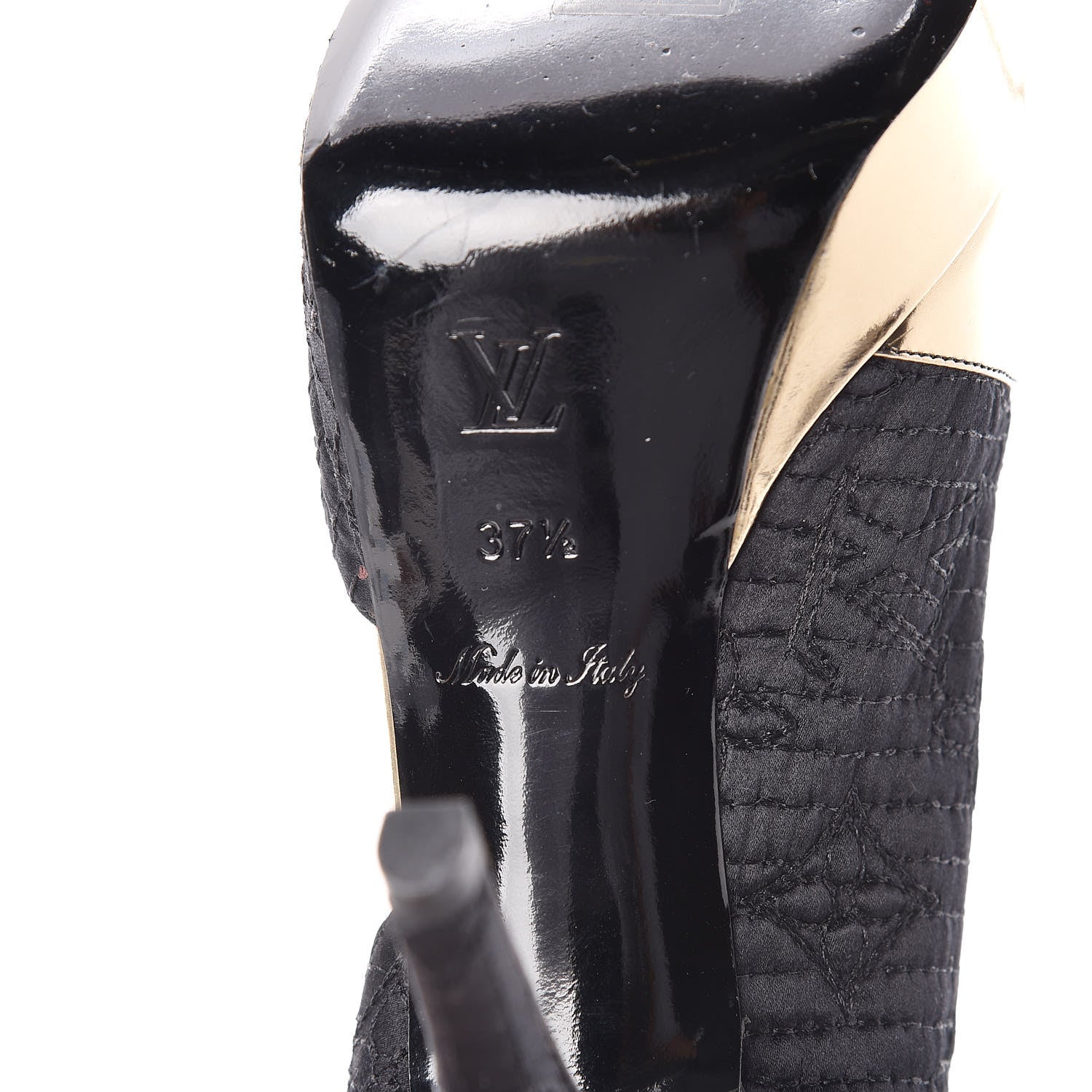 Louis Vuitton Satin Monogram Motard Piccadilly Platform Slingback Pumps 37.5 Black Gold 8 of 9