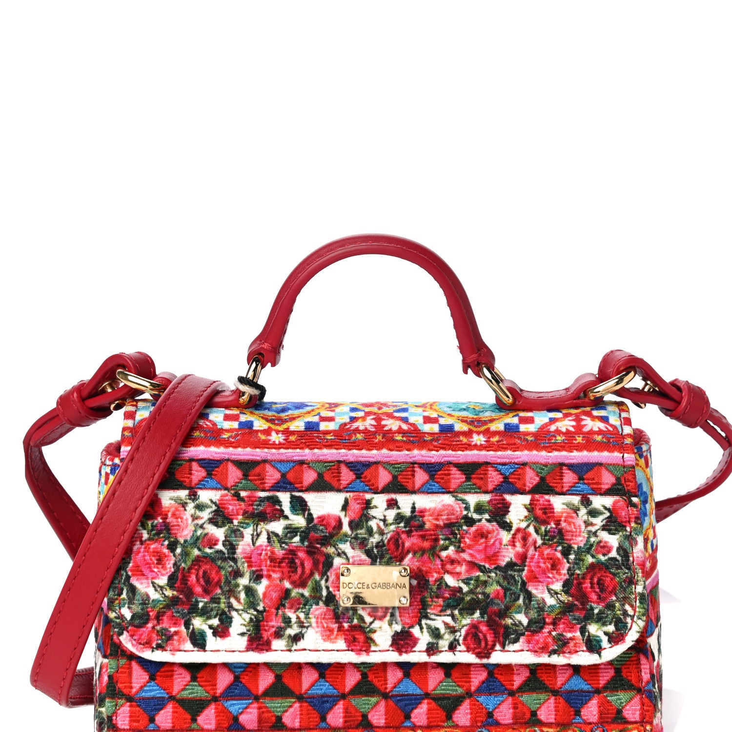 Dolce & Gabbana Woven Cotton Calfskin Floral Micro Sicily Satchel Red Multicolor 7 of 9