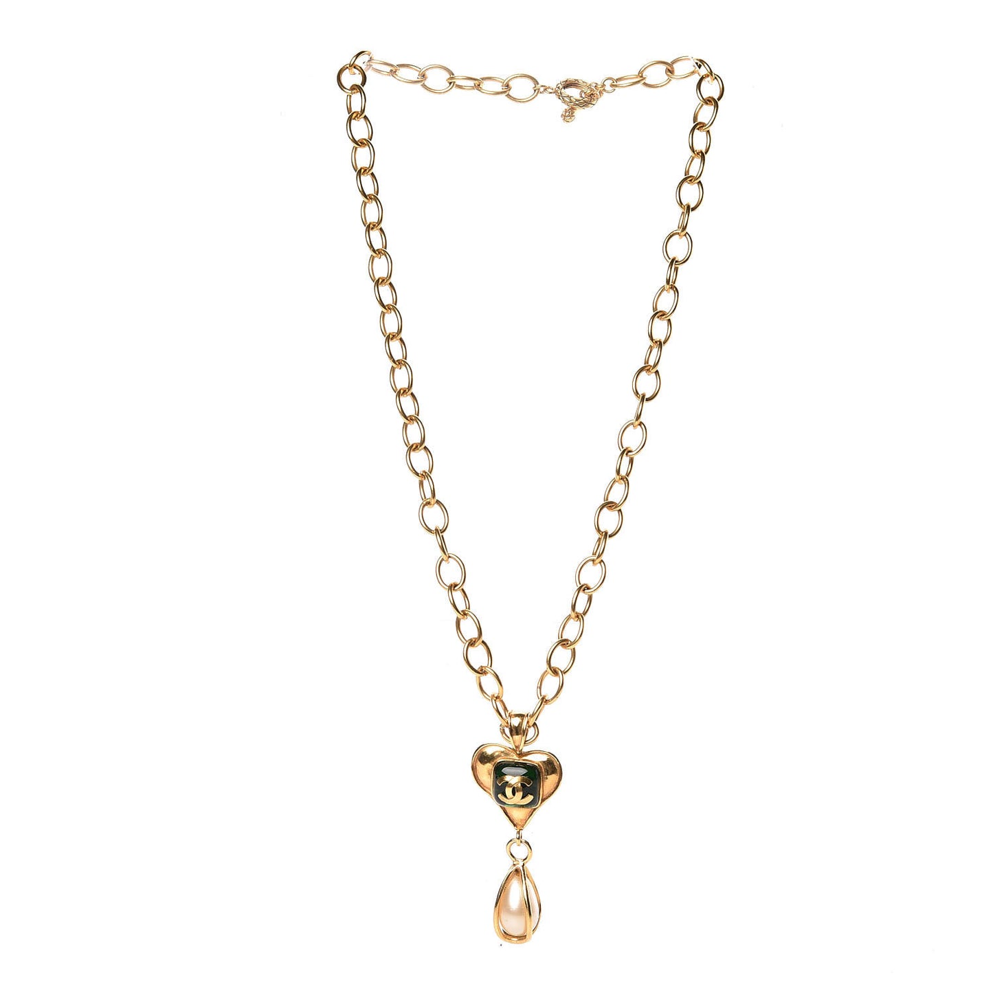 Pearl Heart CC Pendant Necklace Gold