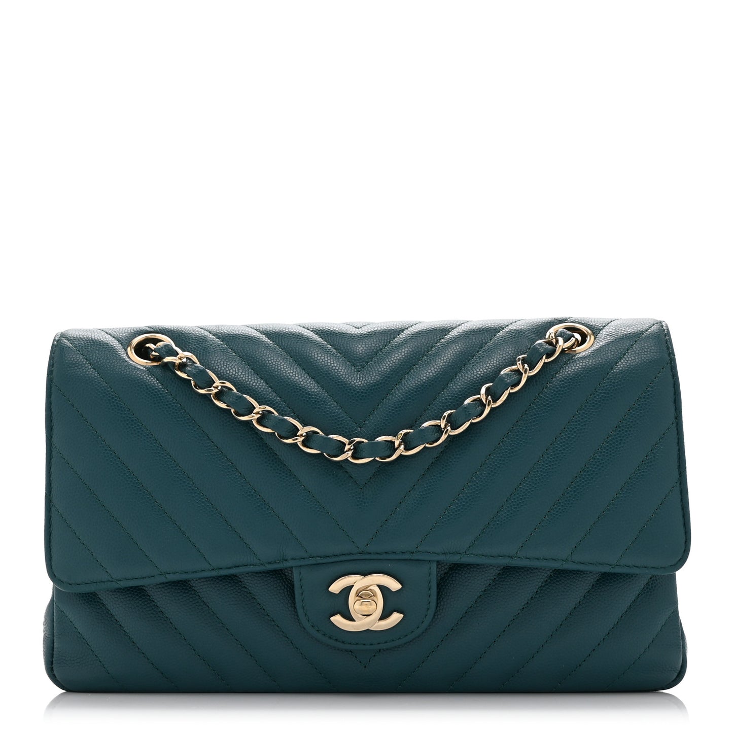 Caviar Chevron Quilted Medium Double Flap  Green