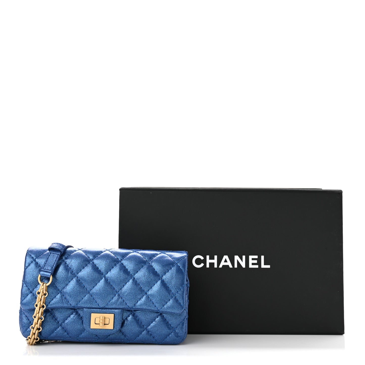Metallic Aged Calfskin Quilted 2.55 Reissue Flap Belt Bag Clutch Blue