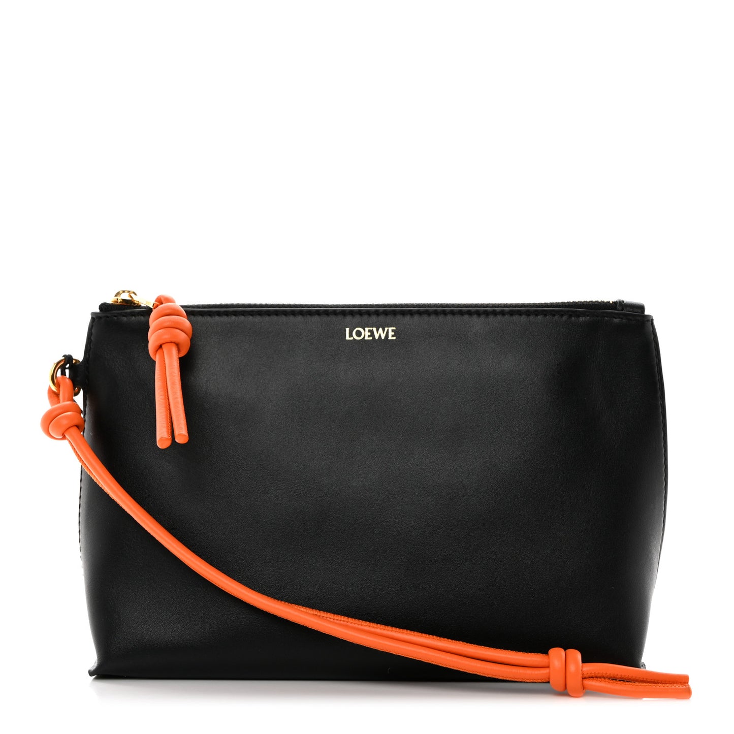 Calfskin Flamenco Knot Pouch Black Bright Orange
