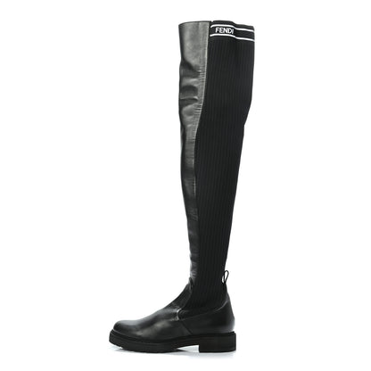 Fendi Nappa Stretch Fabric Logo Rockoko Thigh High Boots 37 Black White 1 of 7