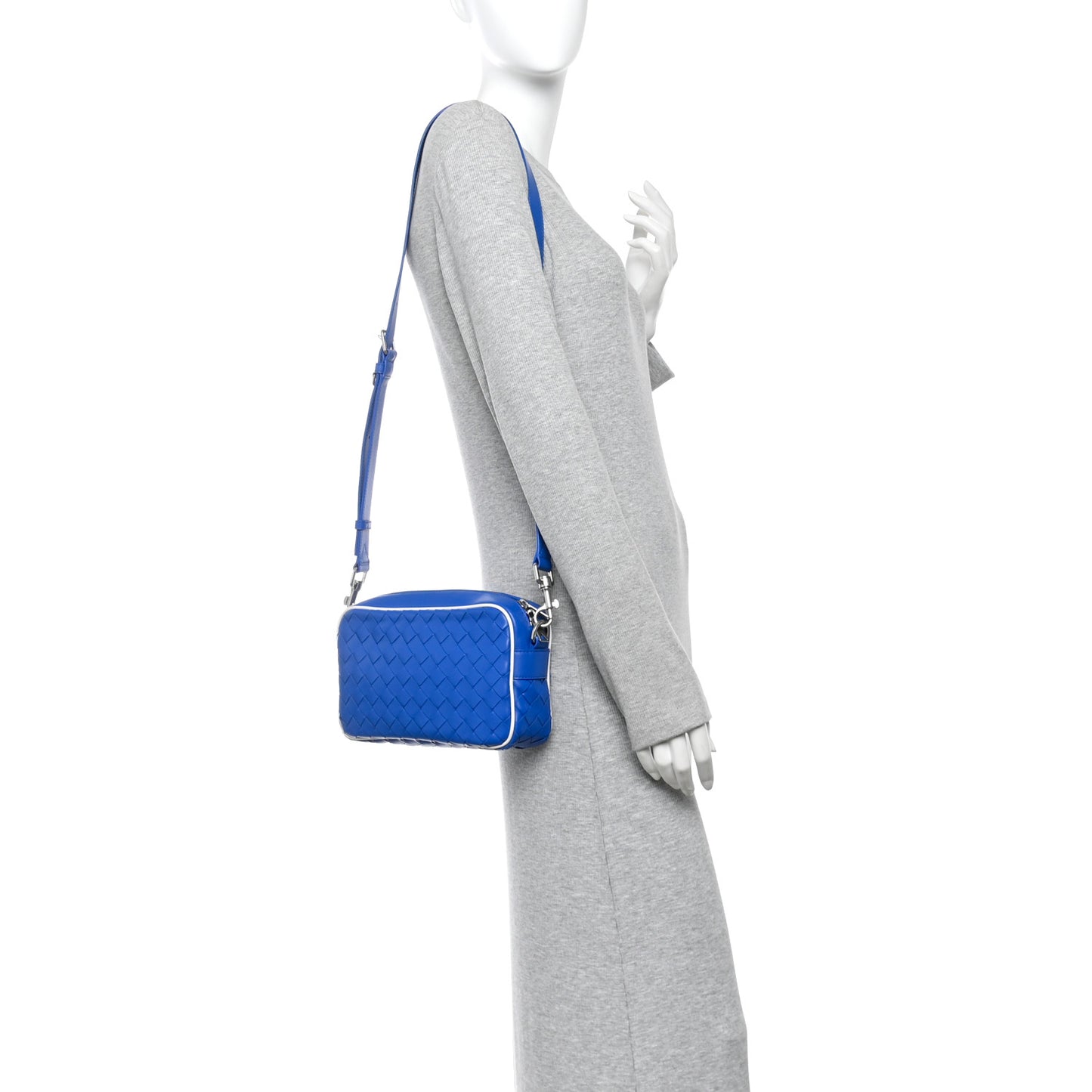Calfskin Intrecciato Small Camera Bag Cobalt White