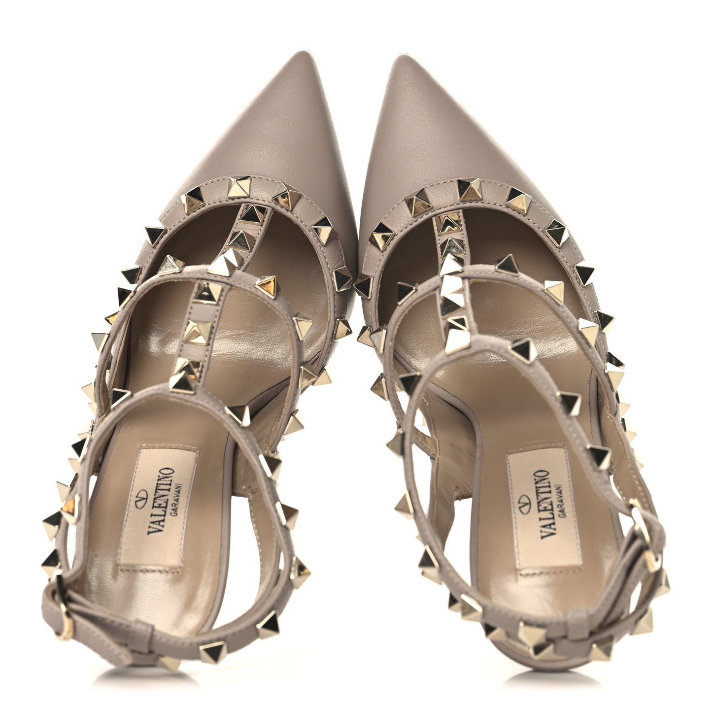 Calfskin Nappa Rockstud Ankle Strap 100mm Pumps 35 Poudre