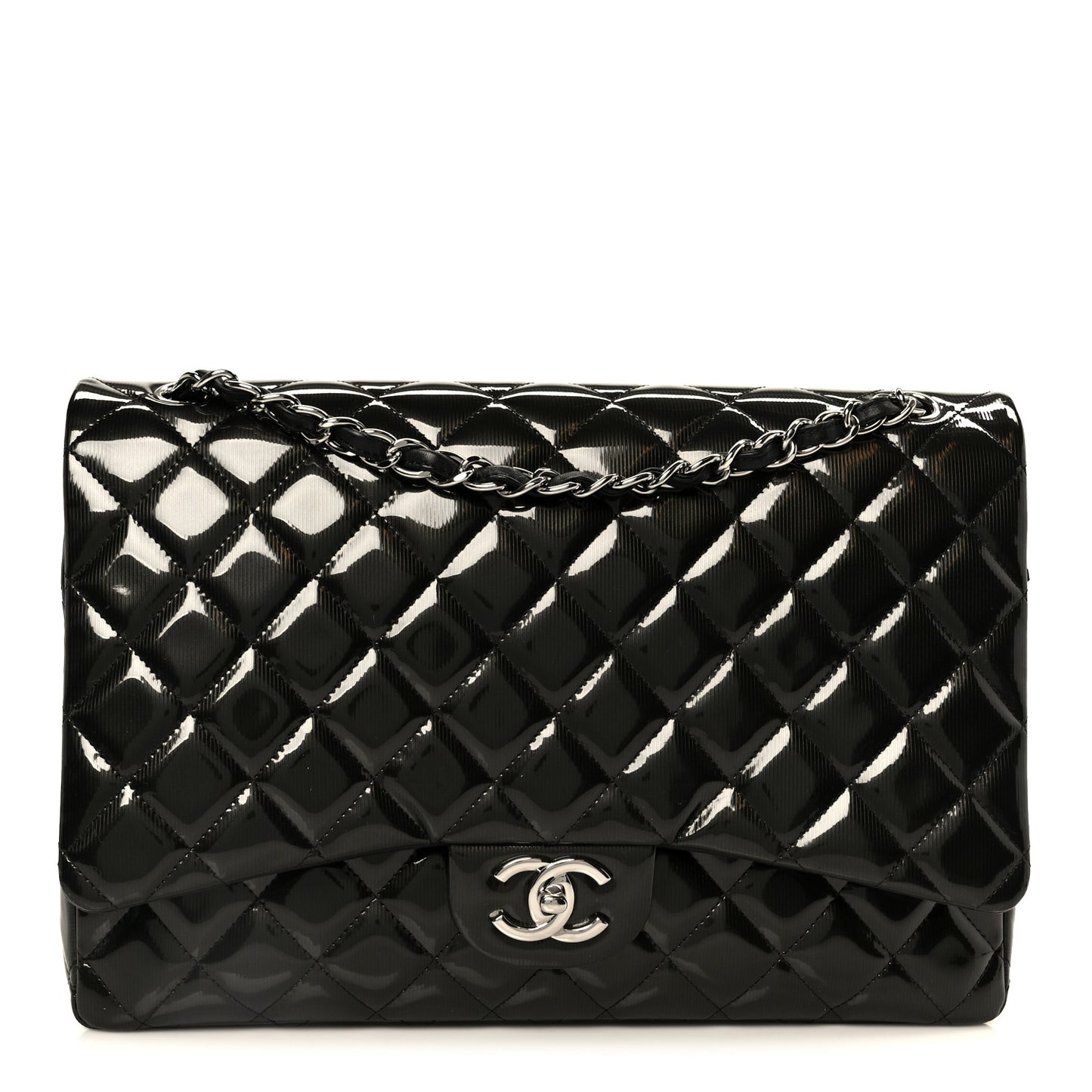 Striated Patent Quilted Maxi Double Flap Black