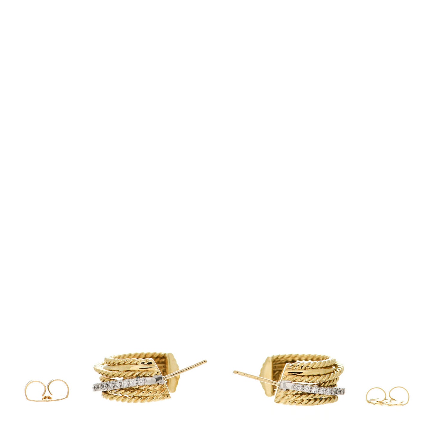 18K Yellow White Gold Diamond Crossover Cable Hoop Earrings