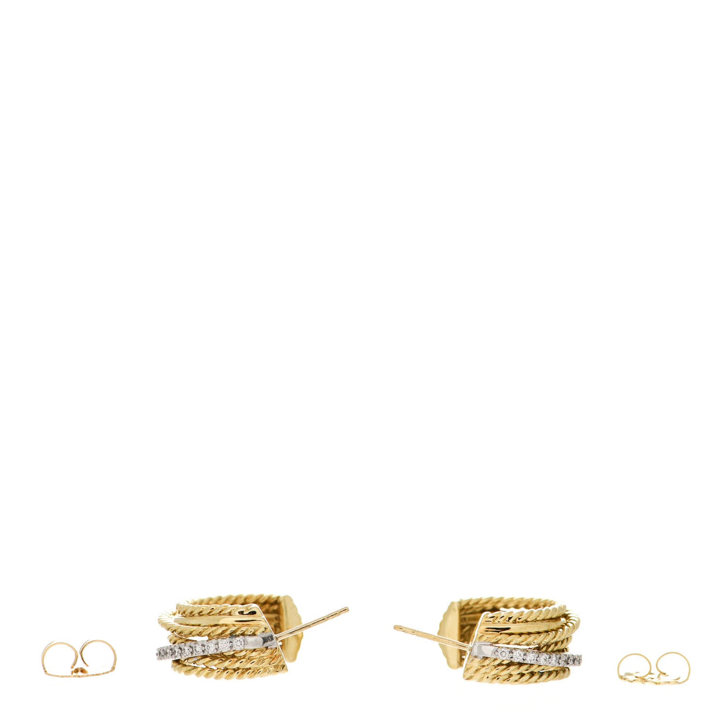 David Yurman 18K Yellow White Gold Diamond Crossover Cable Hoop Earrings 3 of 4