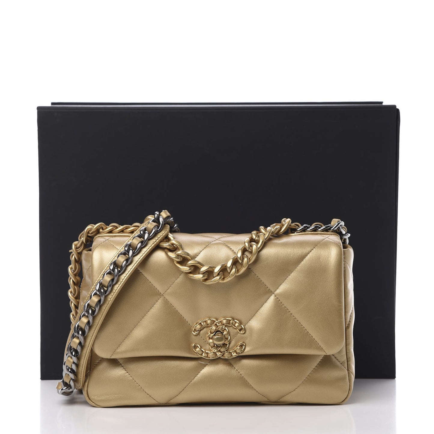 Metallic Goatskin Quilted Medium 19 Flap Gold