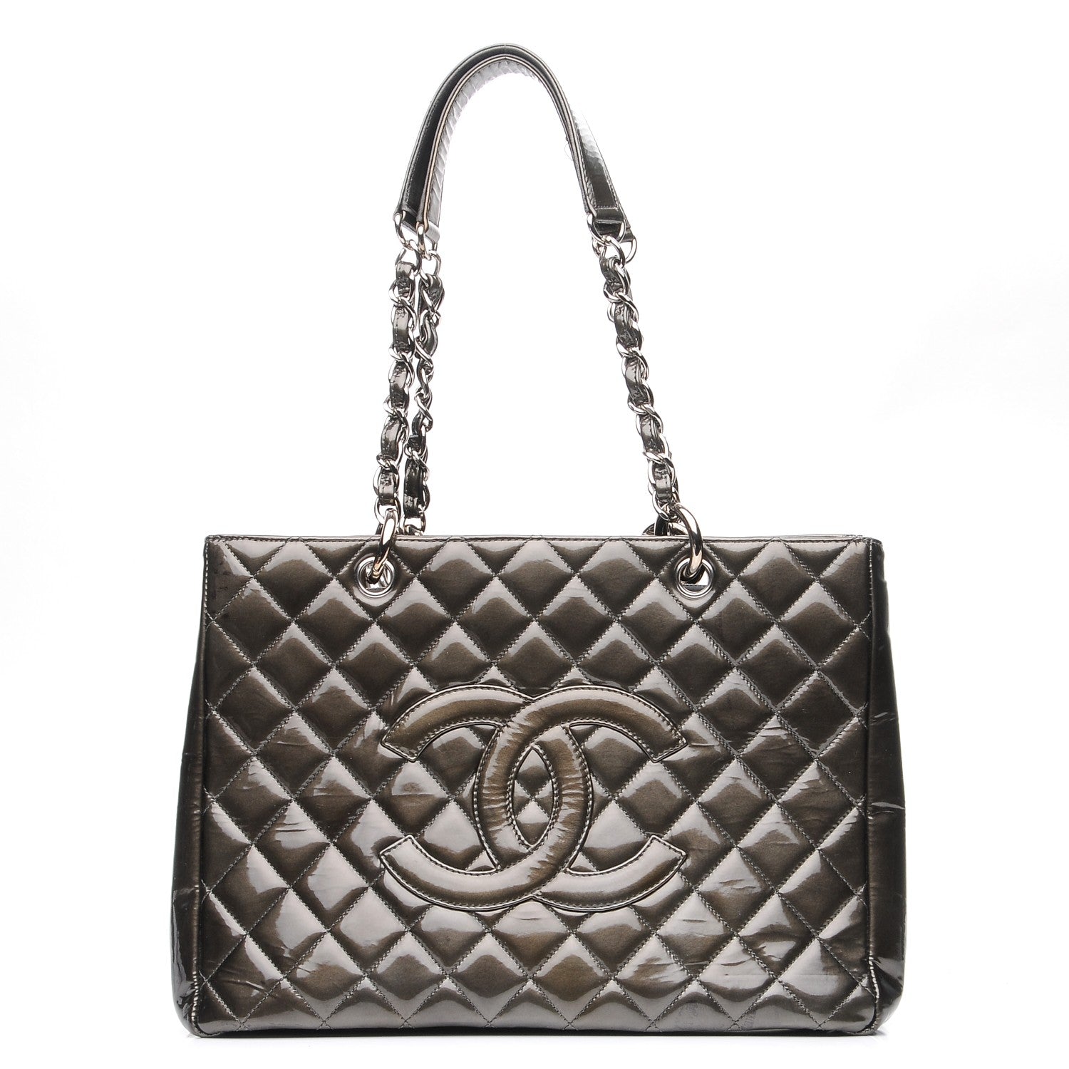 Chanel Patent Quilted Grand Shopping Tote GST Dark Green 1 of 9