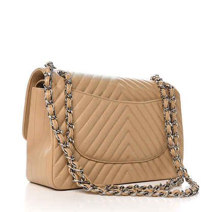 Chanel Caviar Chevron Quilted Jumbo Double Flap Beige 2 of 9