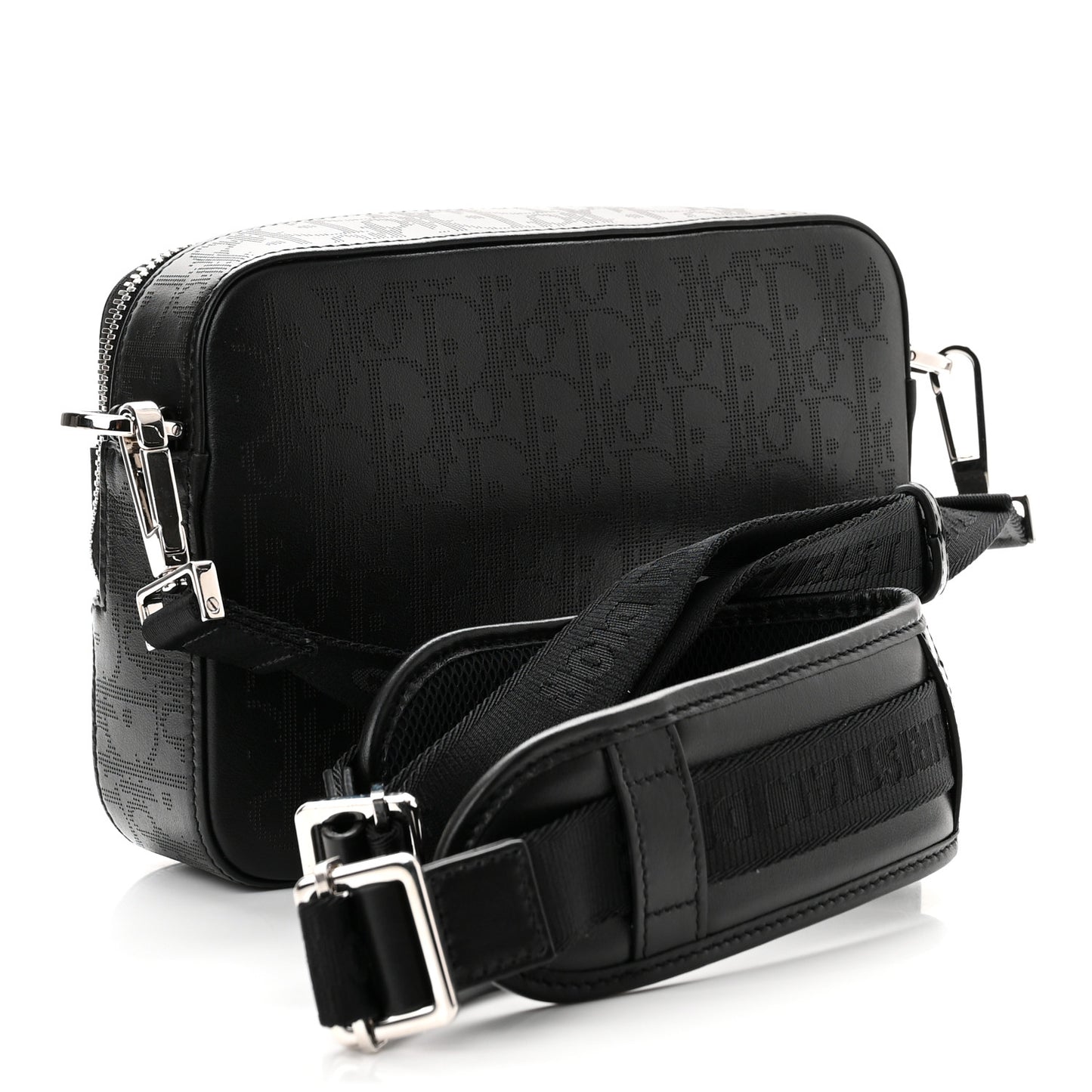 Calfskin Perforated Oblique Galaxy Safari Messenger Bag Black