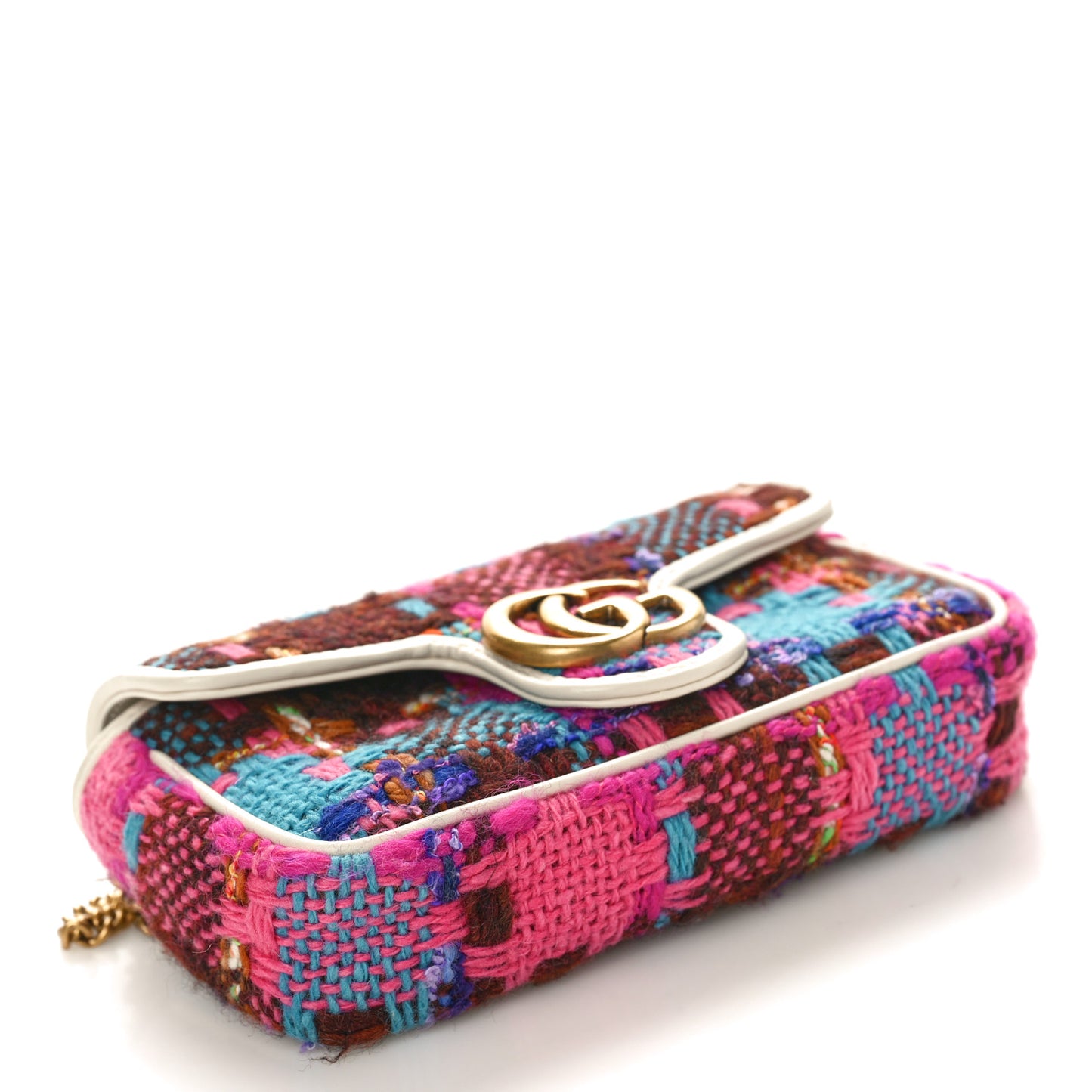 Tweed Calfskin Spicy Check Super Mini GG Marmont Shoulder Bag Pink Multicolor Mystic White