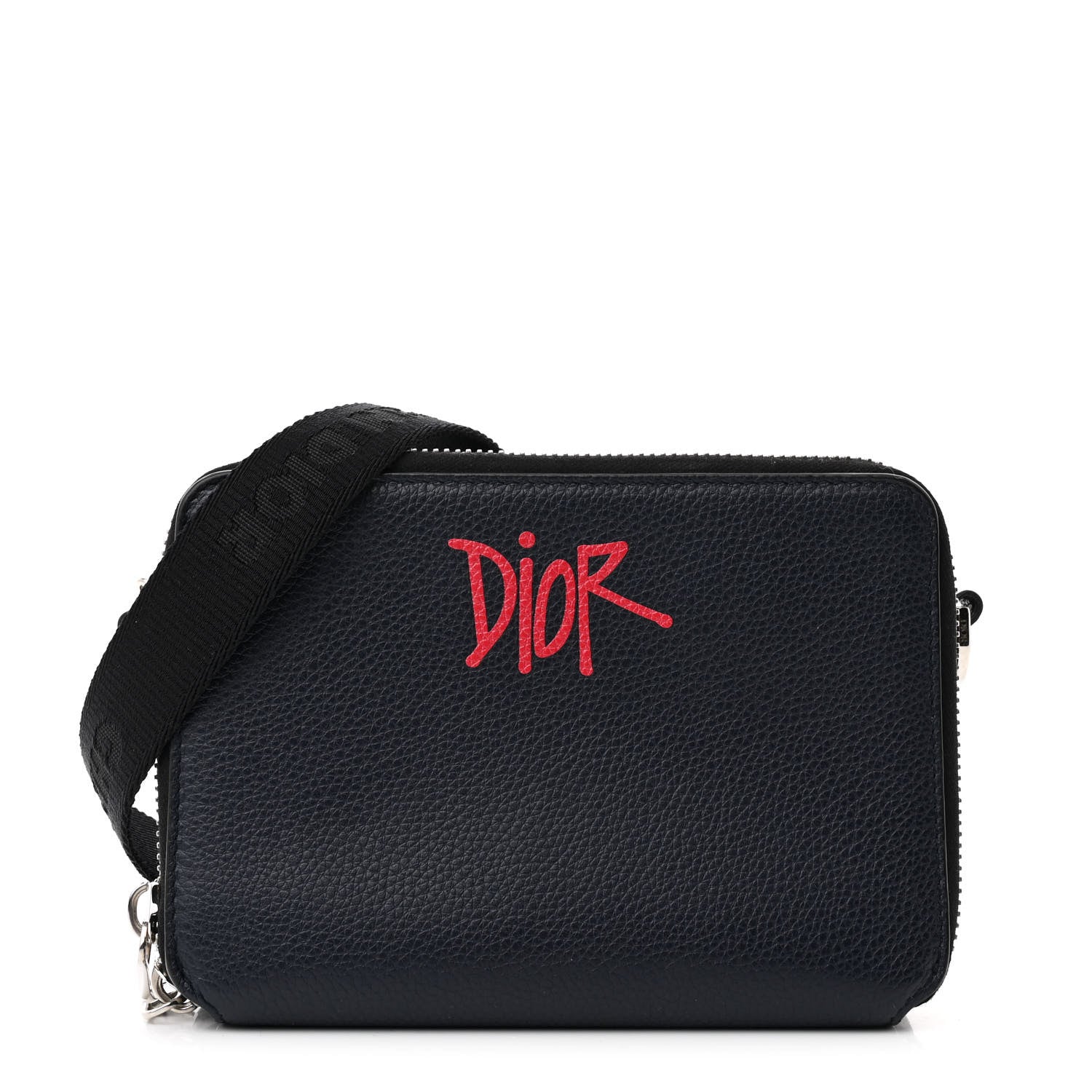 Christian Dior X SHAWN STUSSY Grained Calfskin Ox Head Crossbody Double Zip Crossbody Pouch Navy Blue 1 of 13