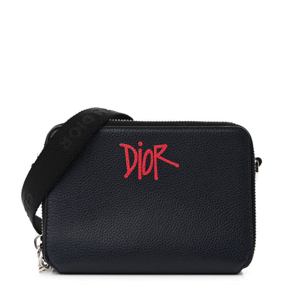 Christian Dior X SHAWN STUSSY Grained Calfskin Ox Head Crossbody Double Zip Crossbody Pouch Navy Blue 1 of 13