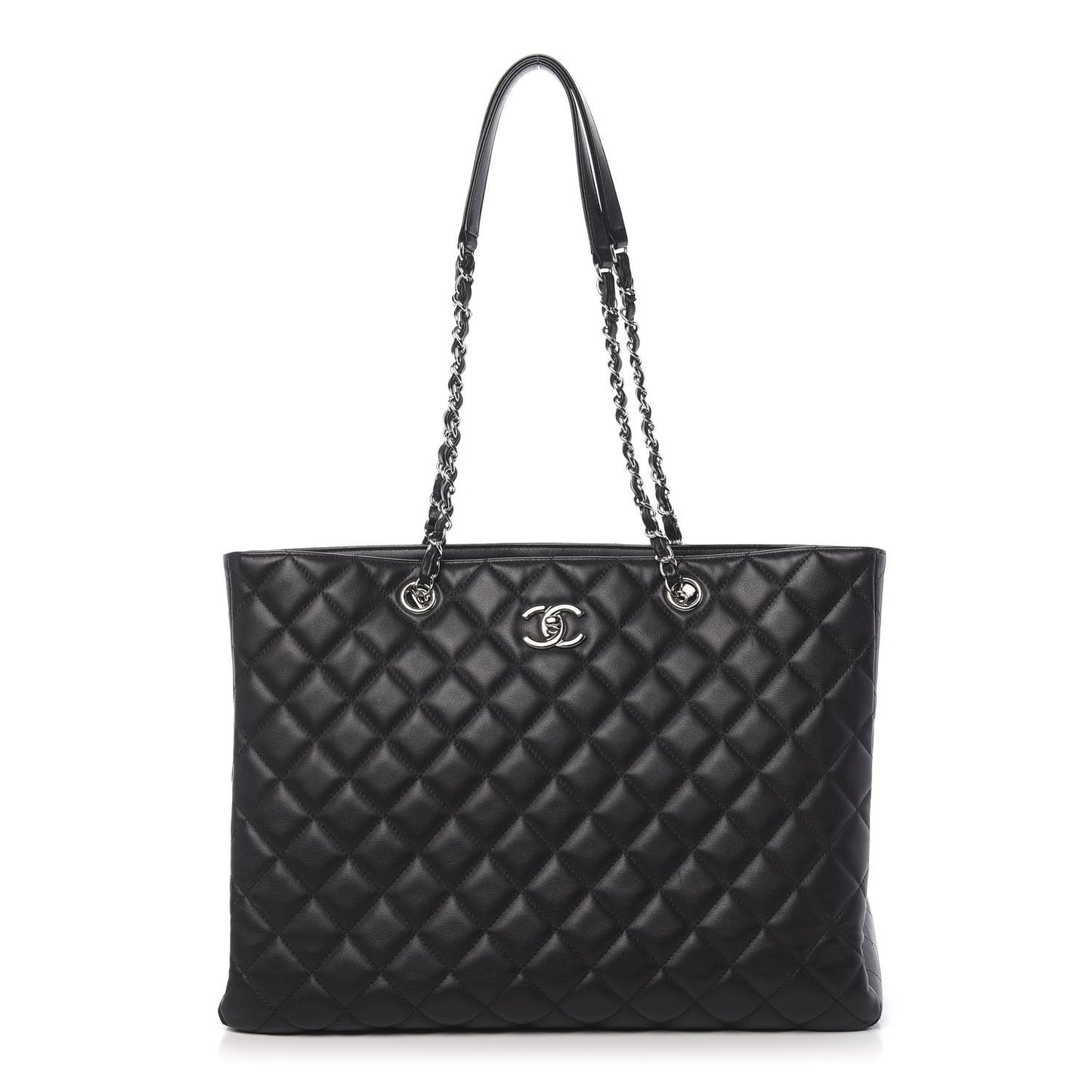Calfskin Quilted Large CC Shopping Tote Black