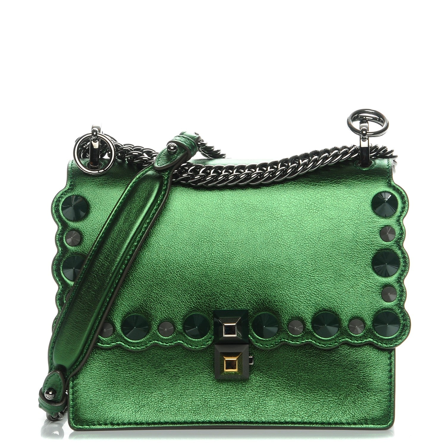 Fendi Vitello Catalan Mirror Scalloped Multi Studded Small Kan I Shoulder Bag Green 1 of 7