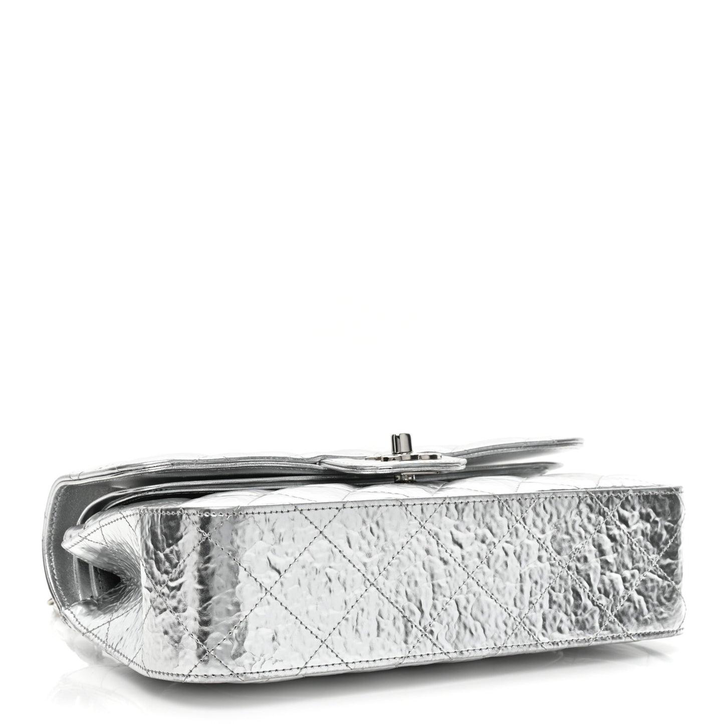 Hammered Metallic Calfskin Quilted Small Double Flap Silver