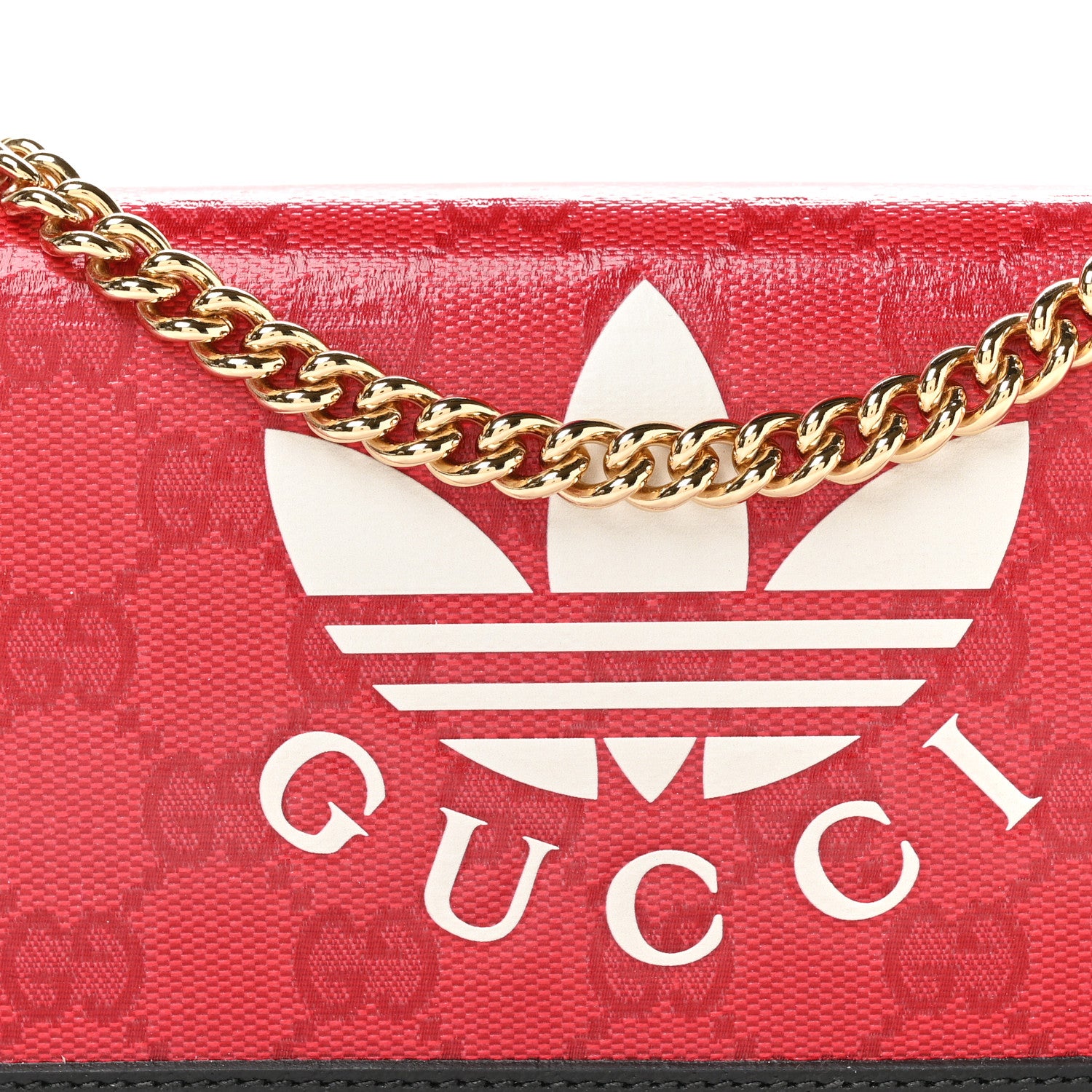 Gucci X ADIDAS Monogram Textured Dollar Calfskin Trefoil Embossed Wallet On Chain Hibiscus Red Off White Black 8 of 11