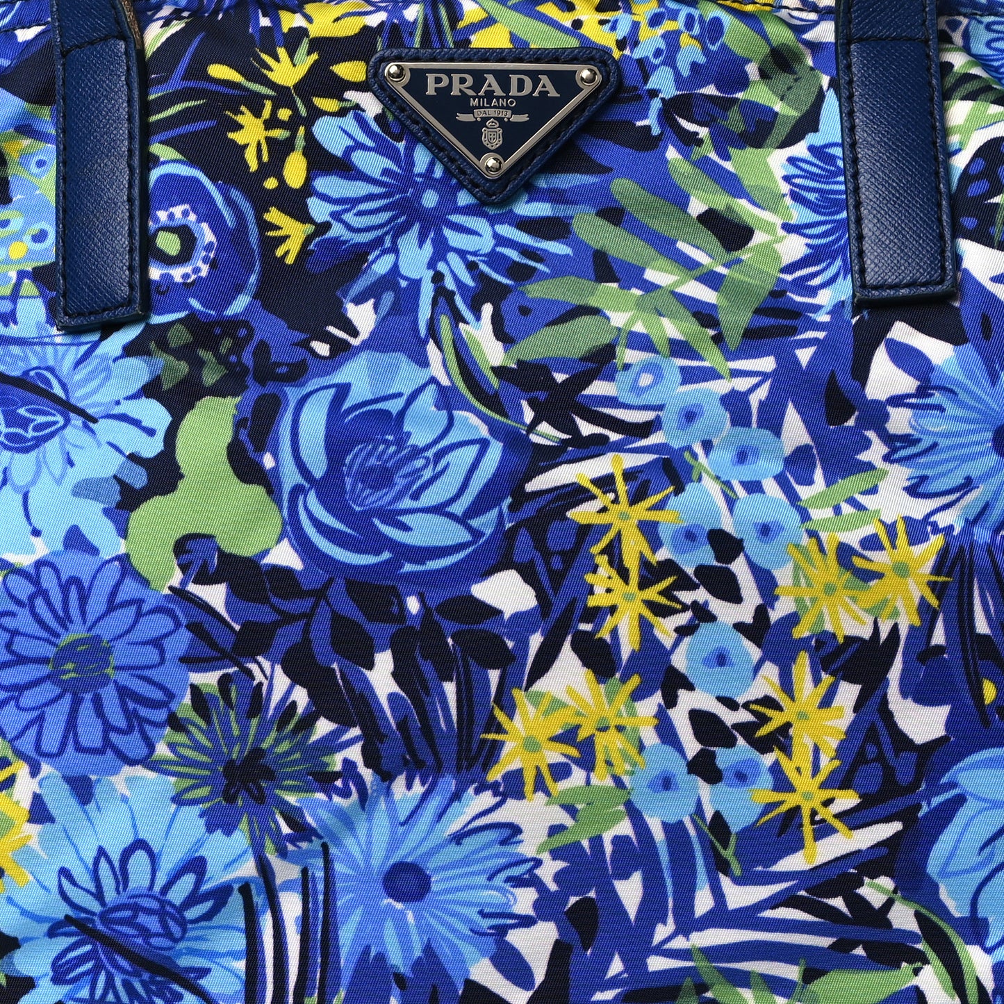 Tessuto Nylon Saffiano Floral Print Tote Bluette Dis Primule