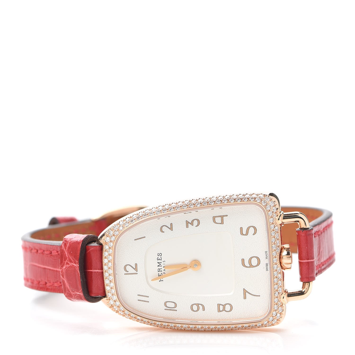 Hermes 18K Rose Gold Alligator Diamond Bezel 26mm Galop Quartz Watch Braise 2 of 5