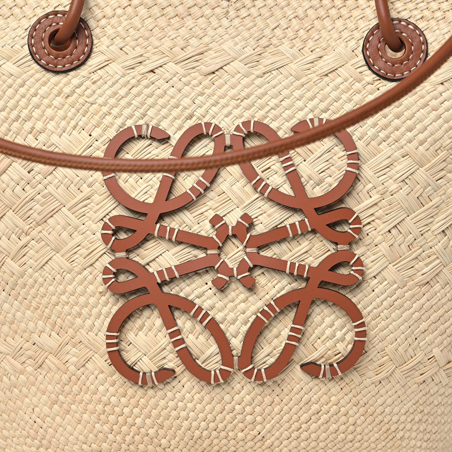 Loewe Calfskin Raffia Paulas Ibiza Medium Anagram Basket Tote Bag Natural Tan 7 of 10