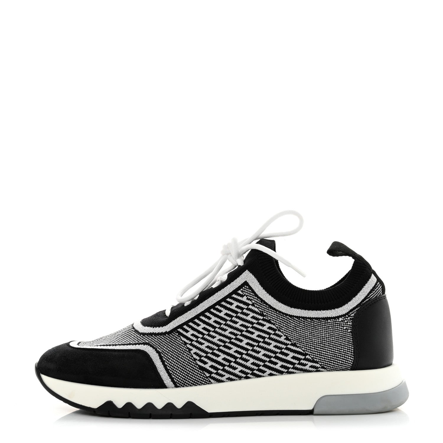 Hermes Knit Calfskin Suede Goatskin Bi-Color Womens Addict Sneakers 37.5 Black White 1 of 7
