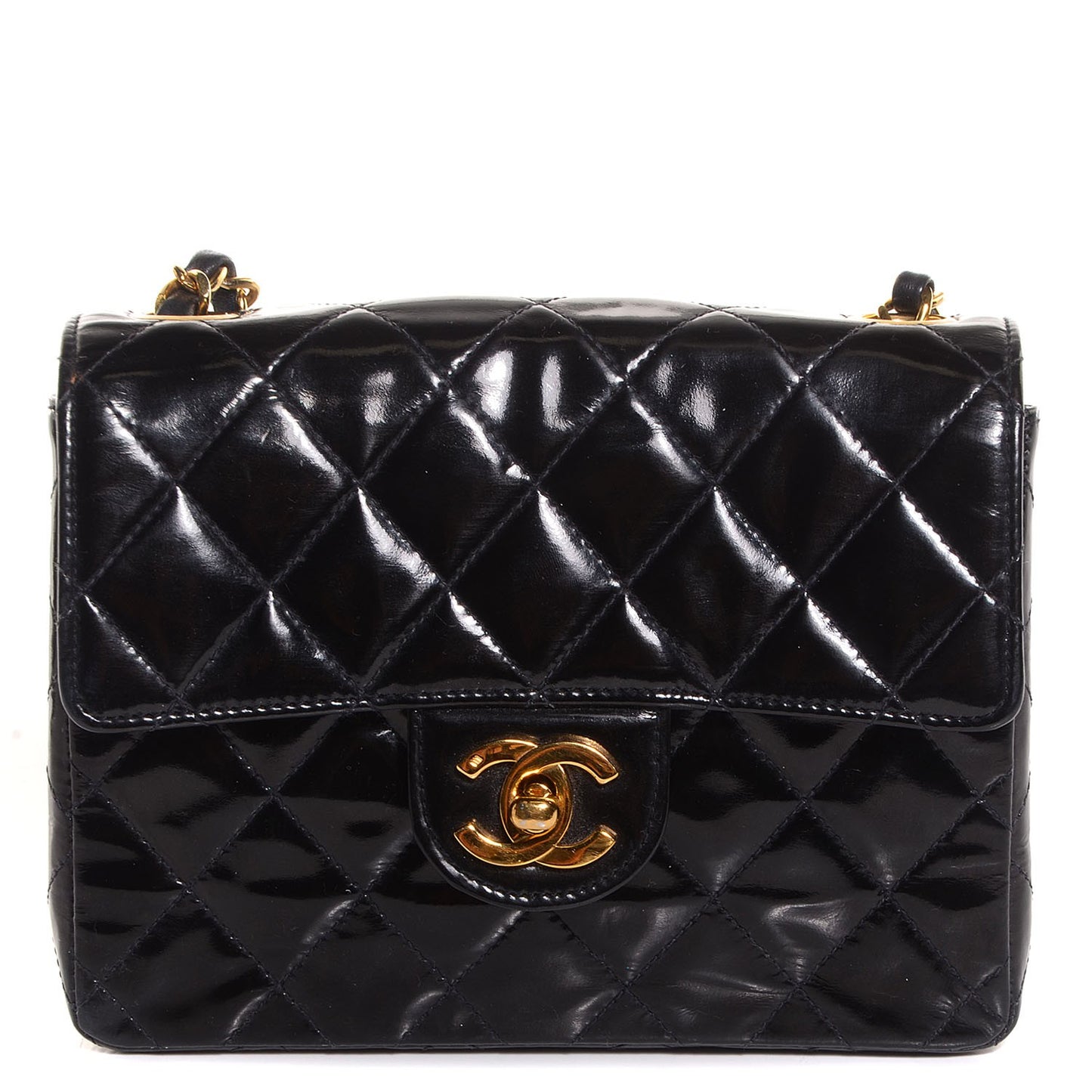 Patent Calfskin Quilted Mini Square Flap Black