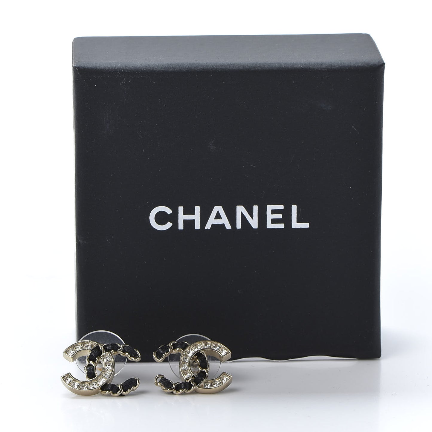 Crystal Baguette Lambskin Chain CC Vintage Allure Stud Earrings Black Gold