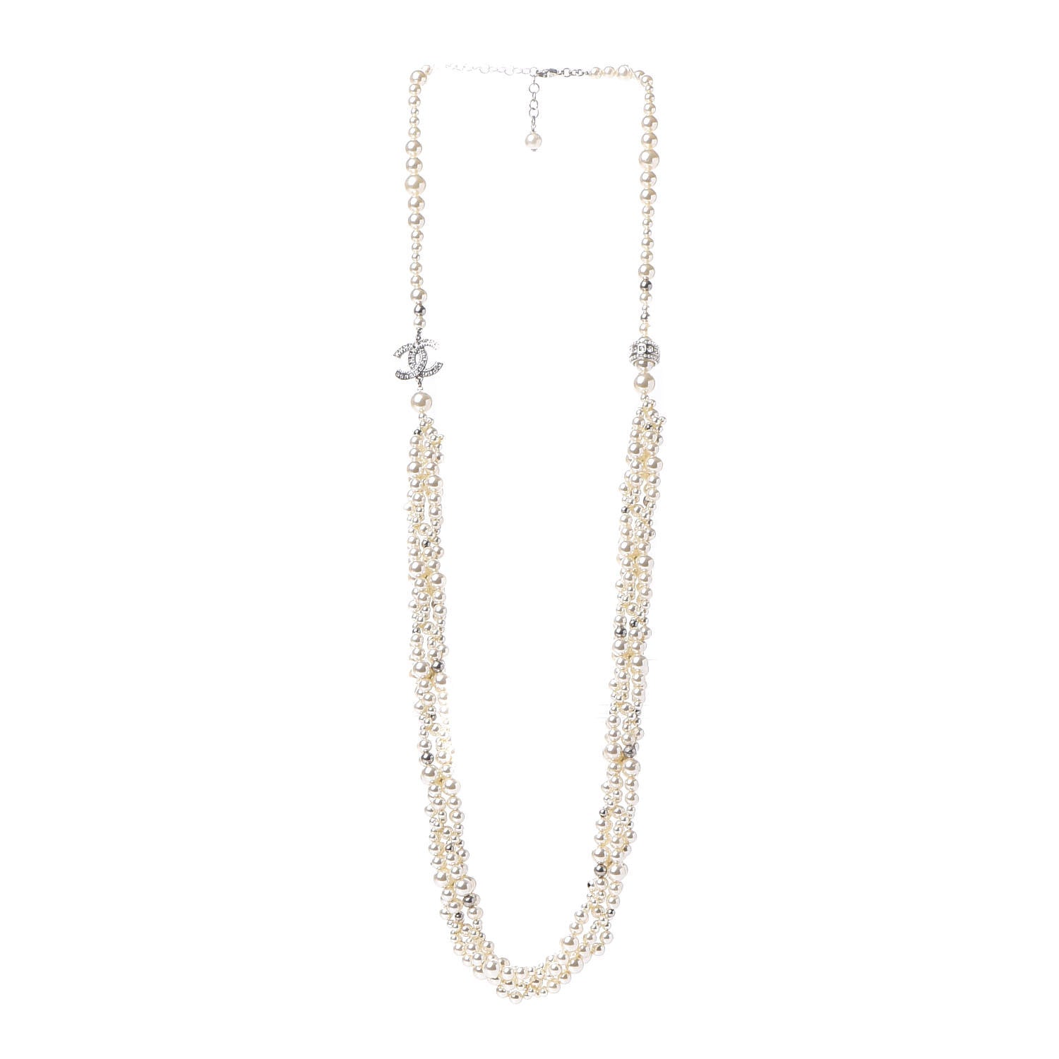 Chanel Pearl Crystal CC Multi Strand Long Necklace Silver 2 of 5