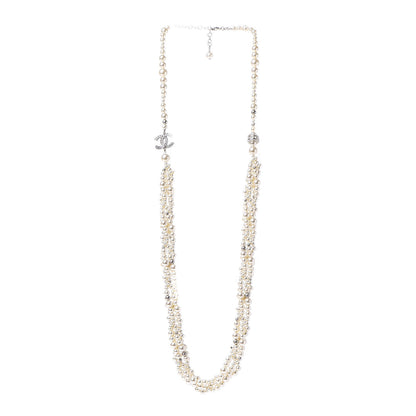 Chanel Pearl Crystal CC Multi Strand Long Necklace Silver 2 of 5