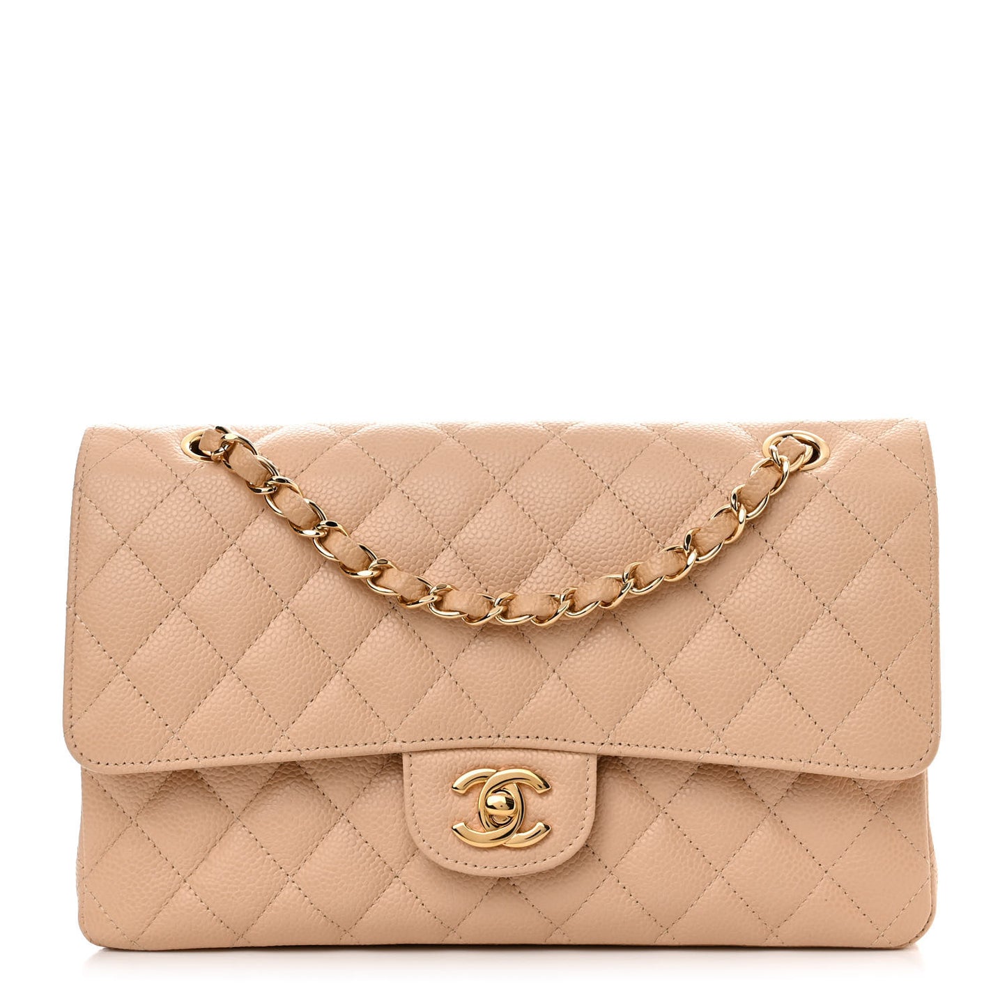 Caviar Quilted Medium Double Flap Beige