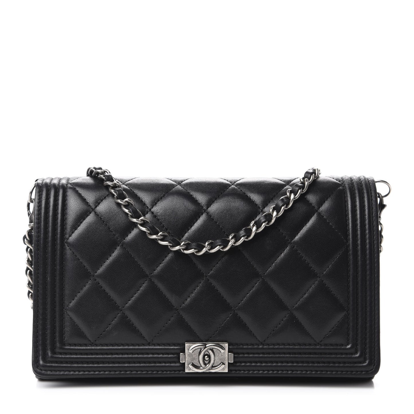 Lambskin Quilted Boy Wallet On Removable Chain WOC Black
