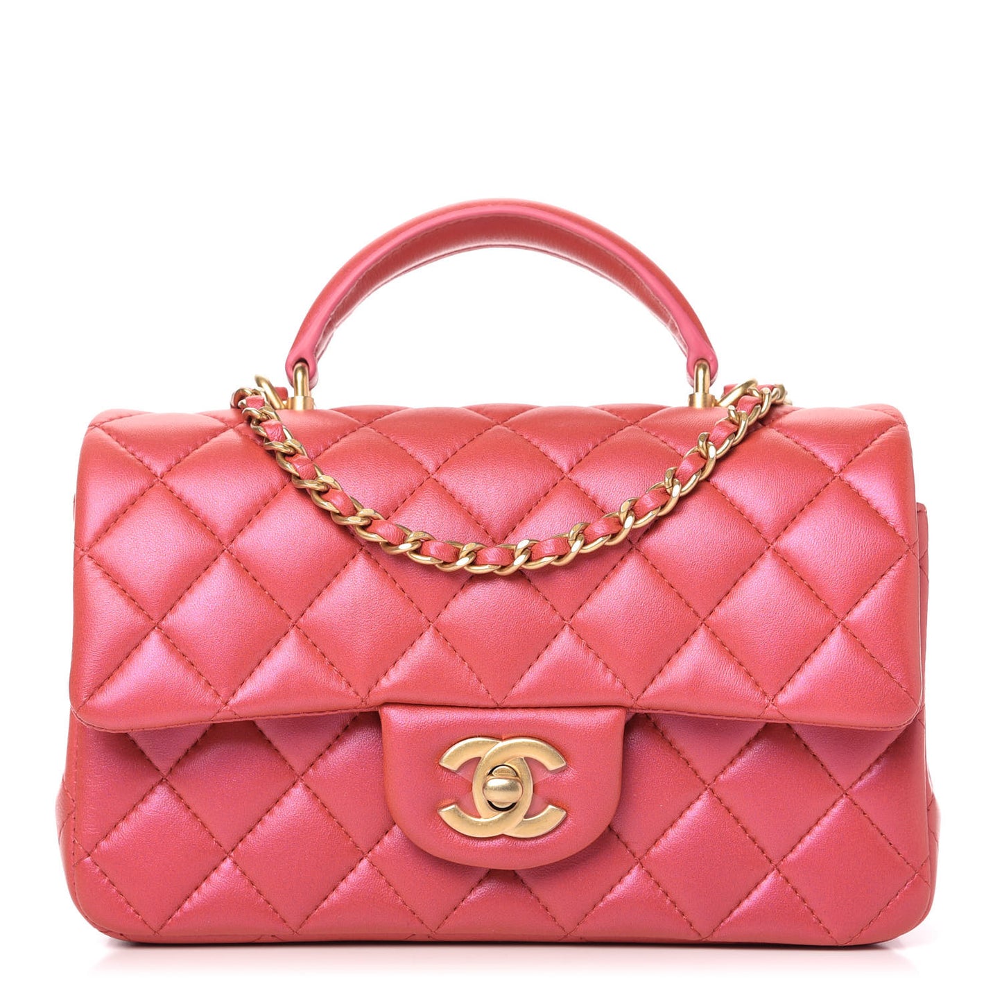 Iridescent Lambskin Quilted Mini Top Handle Rectangular Flap Red