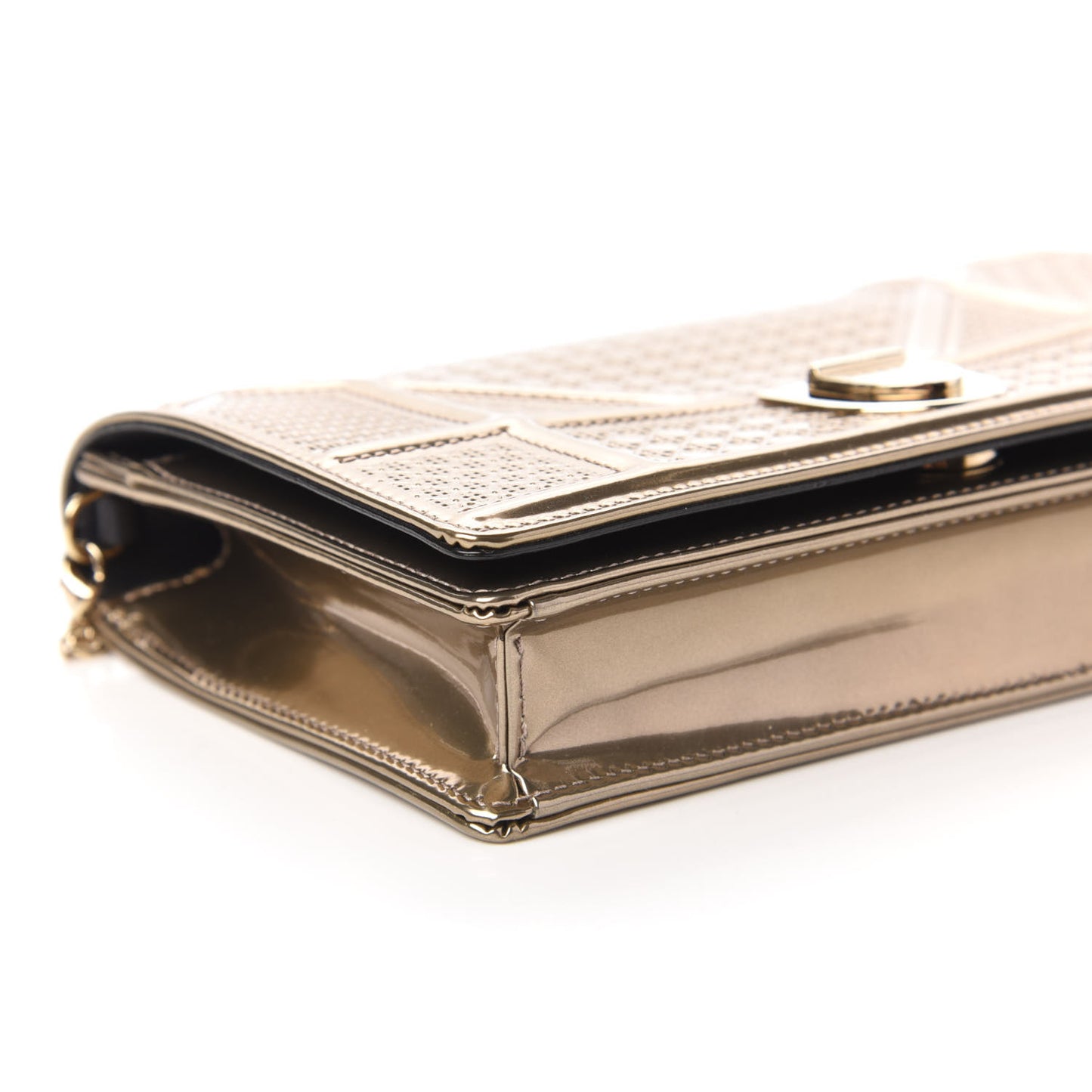Metallic Patent Micro-Cannage Diorama Wallet on Chain Pouch Gold