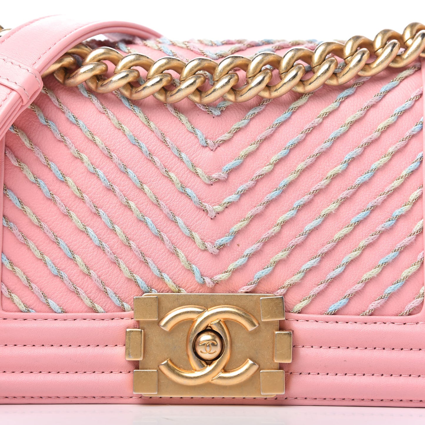 Calfskin Chevron Embroidered Small Boy Flap Pink