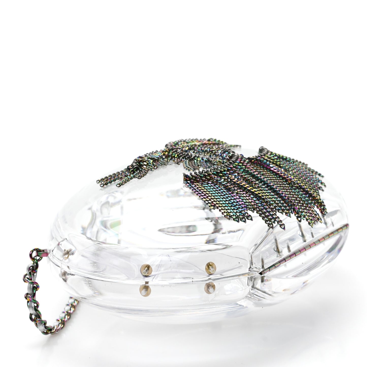 Plexiglass Iridescent Chain Fringe CC Clutch Clear