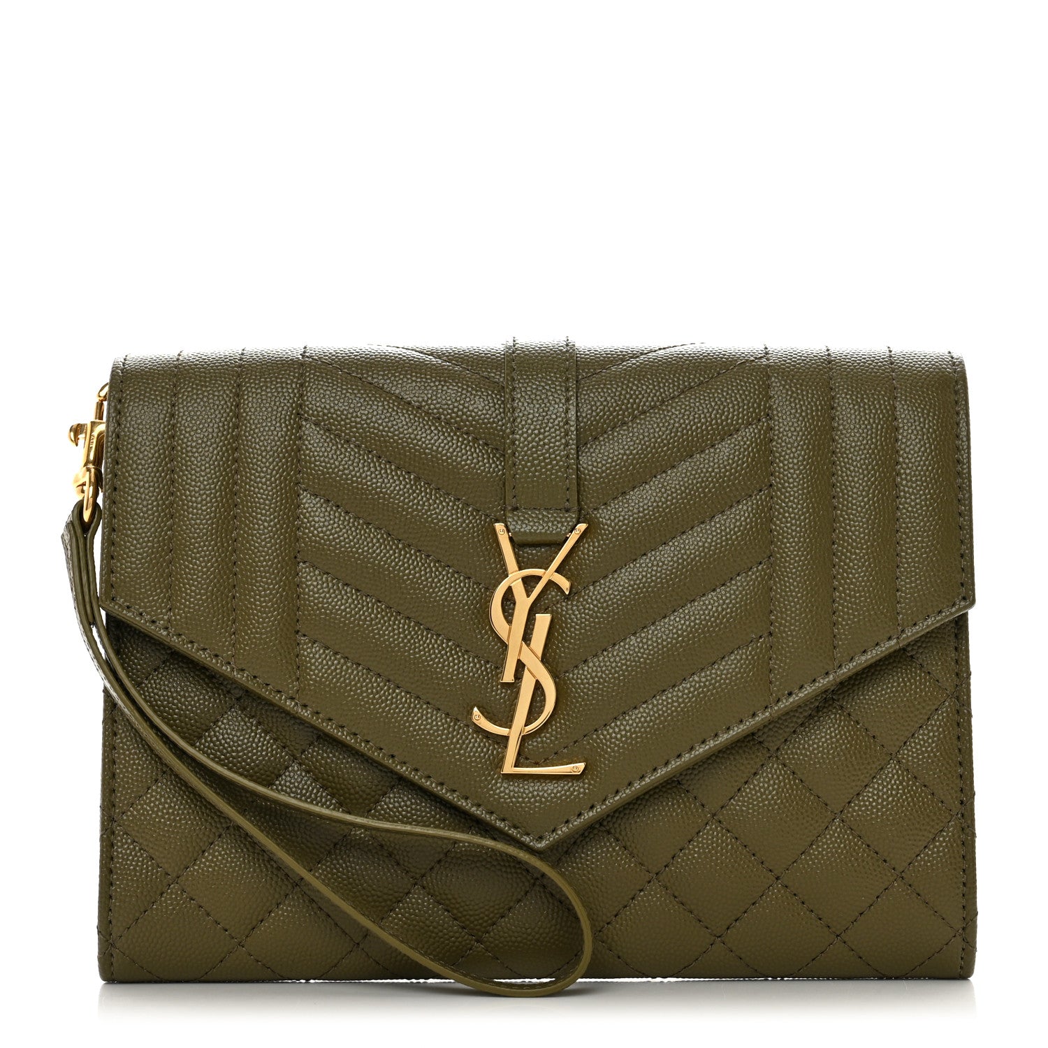 Saint Laurent Grain De Poudre Textured Mixed Matelasse Triquilt Monogram Clutch Vert Kaki 1 of 8