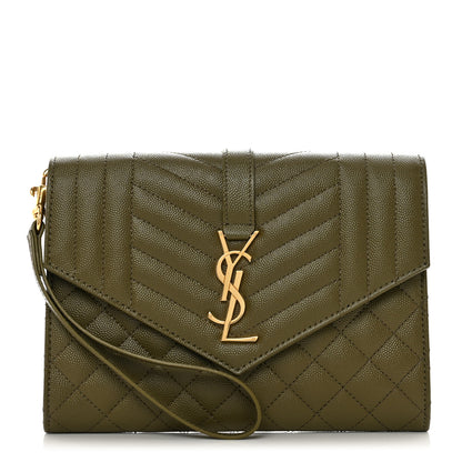 Saint Laurent Grain De Poudre Textured Mixed Matelasse Triquilt Monogram Clutch Vert Kaki 1 of 8