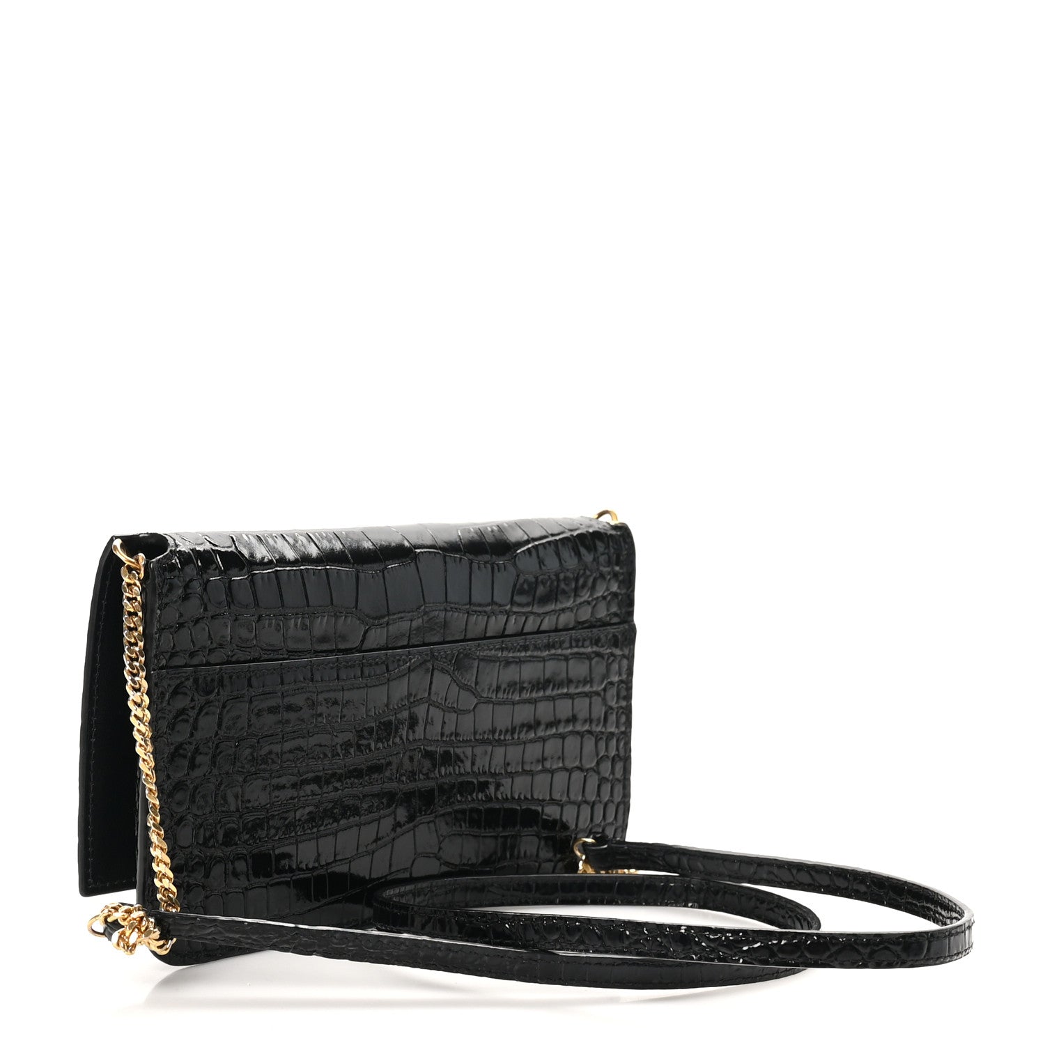 Saint Laurent Calfskin Crocodile Embossed Monogram Phone Holder Crossbody Black 2 of 11